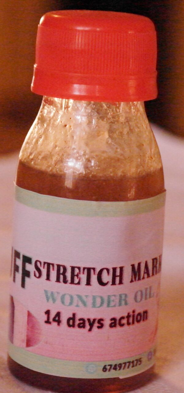TUFF Stretch Mark Wonder Oil Indication: Designed to clear and prevent stretch marks Ingredients isopropy, alcohol, glycerin menthol, gentrimide